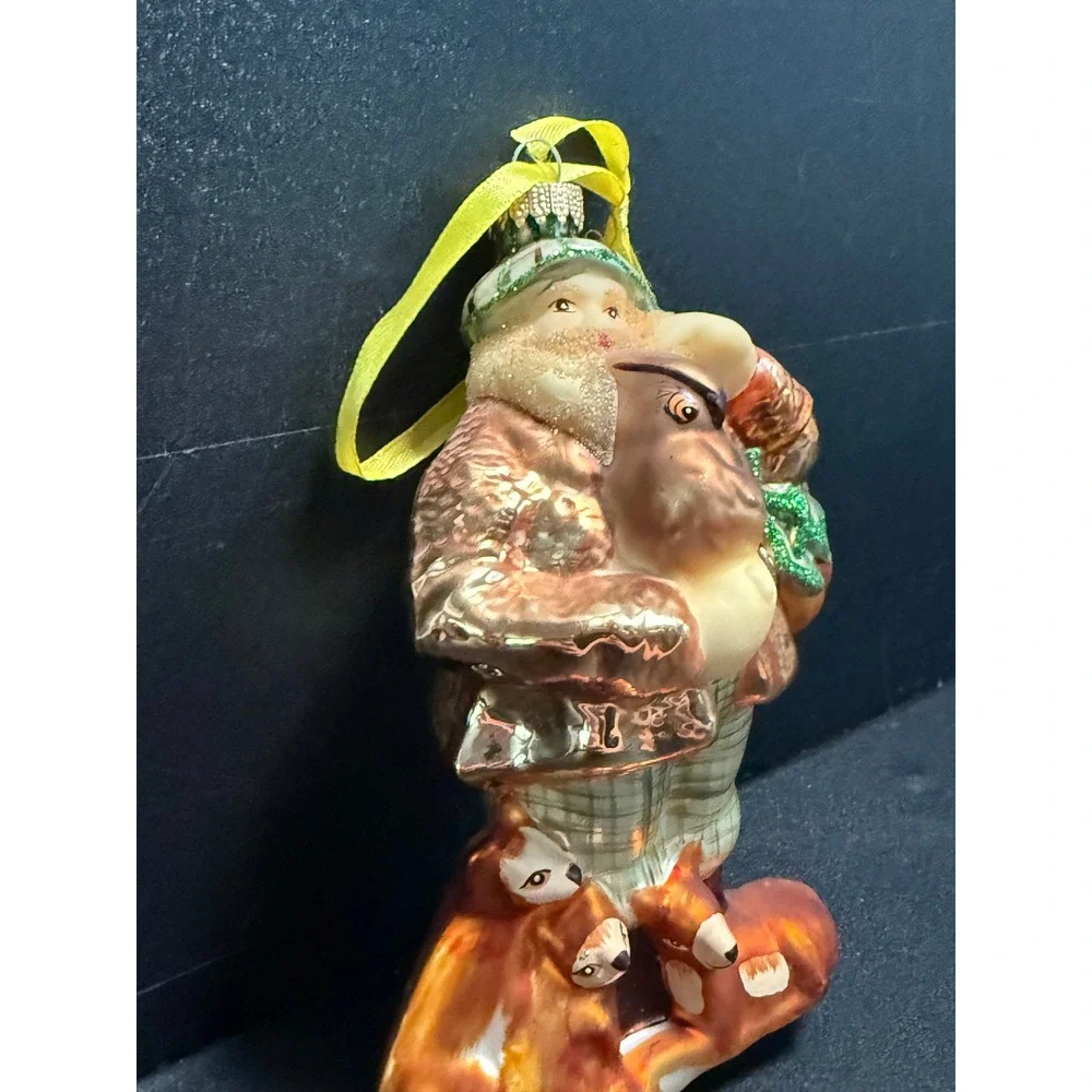 Dillards Woodland Santa Owl Foxes Glass Christmas Ornament Plaid Pants Glitter